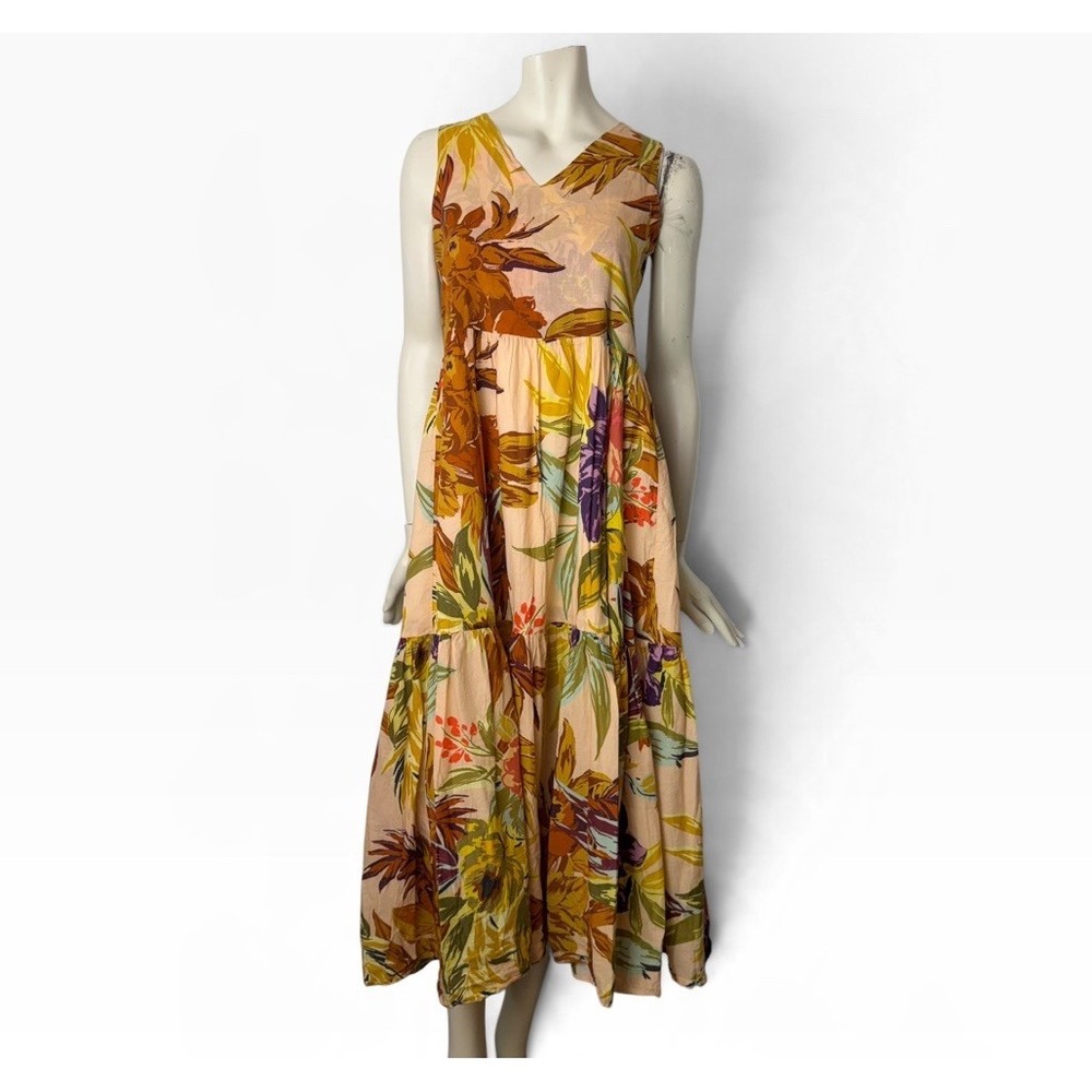 Motel Ochre Tropical Floral Tiered Maxi Dress V-Neck Sleeveless Boho Sundress M